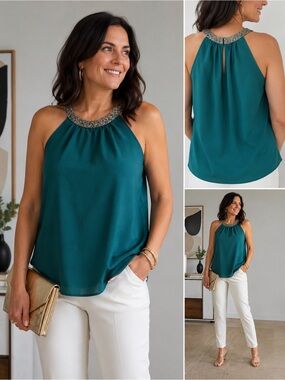 Embellished Halter Tank Top - Green